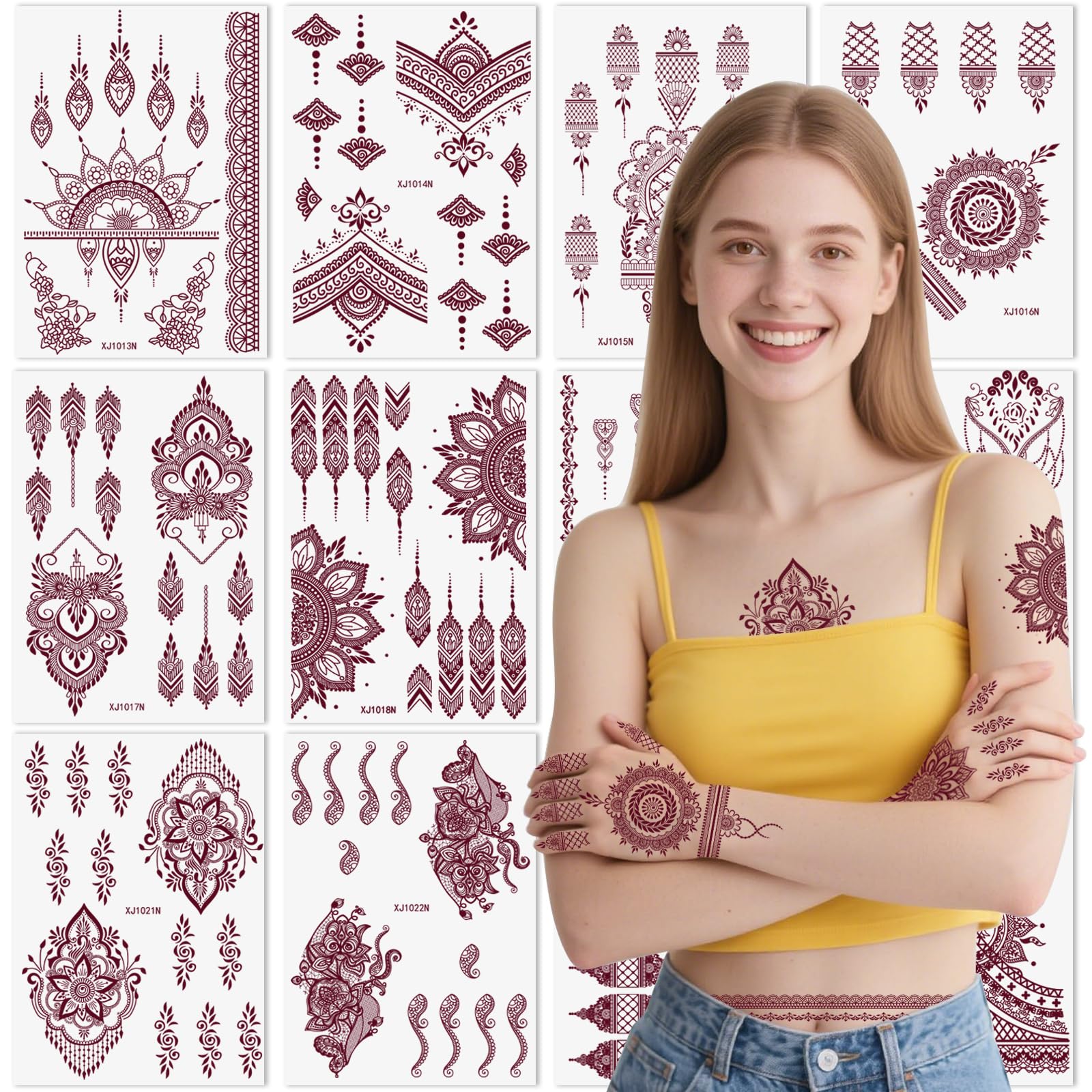Xmasir 12-sheets brown henna tattoo stickers laid out for easy body art