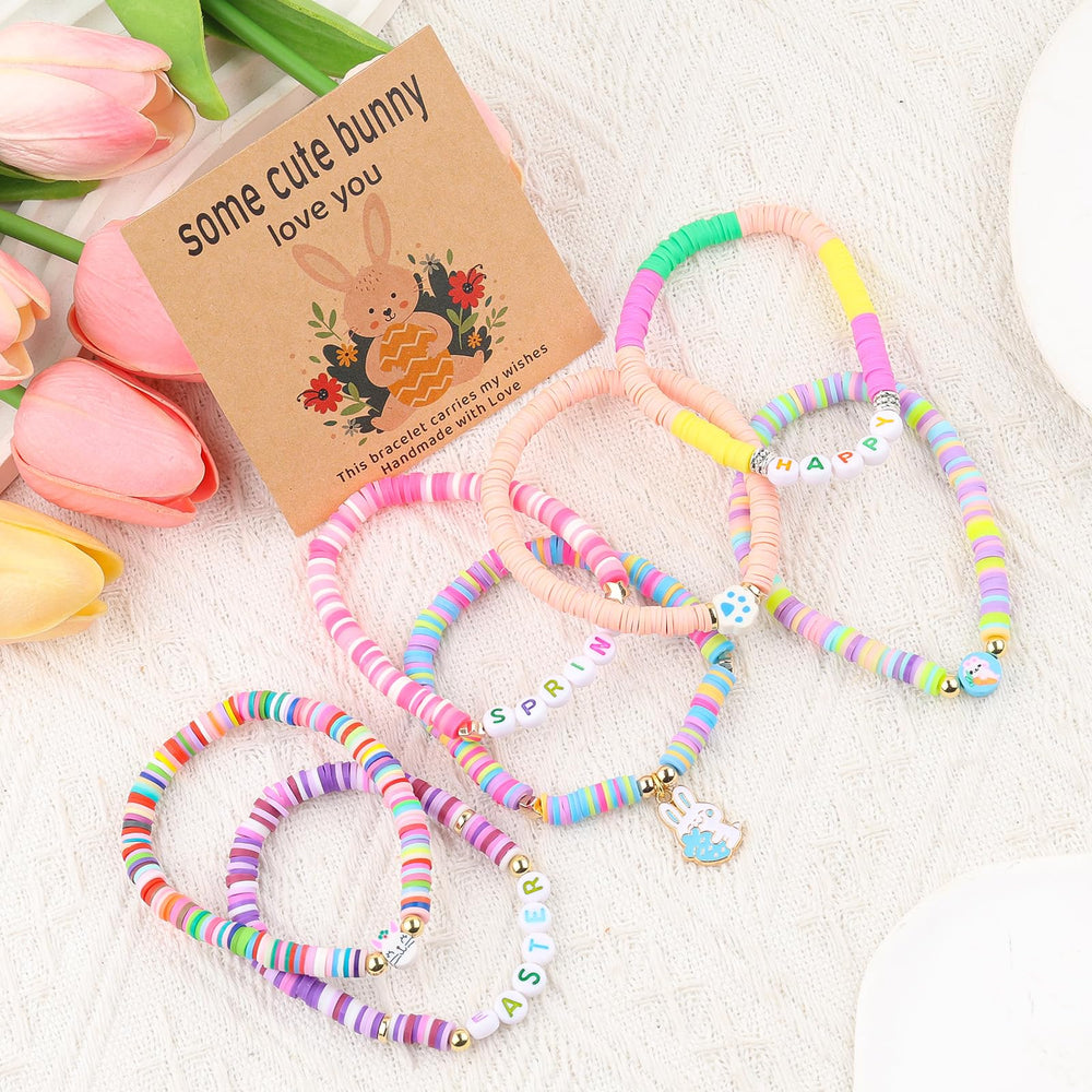 XMITHJLS colorful clay bead bracelets on elastic cord offer comfortable all-day wear.