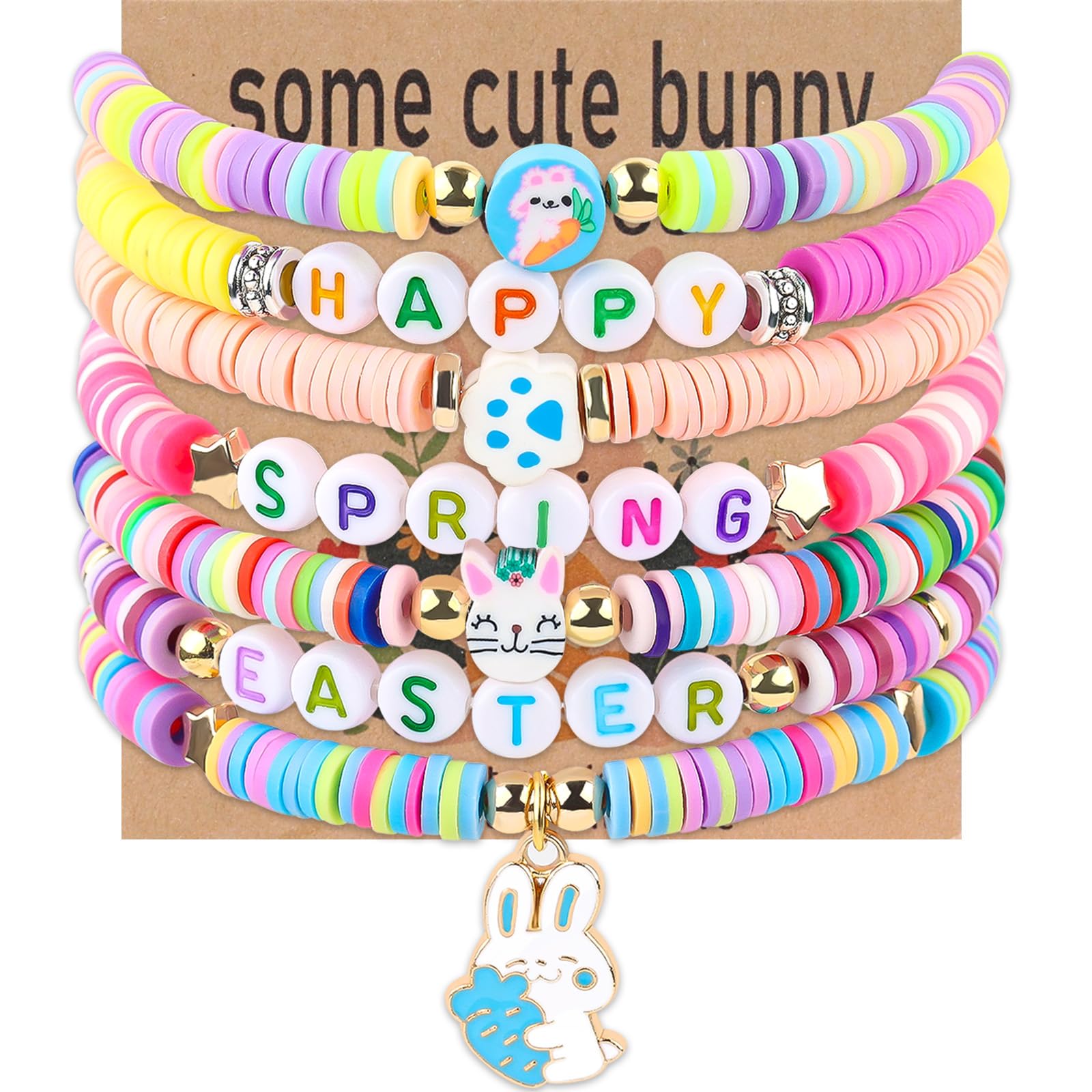 XMITHJLS Easter Bunny bracelets set of seven with vibrant clay beads for colorful styling.