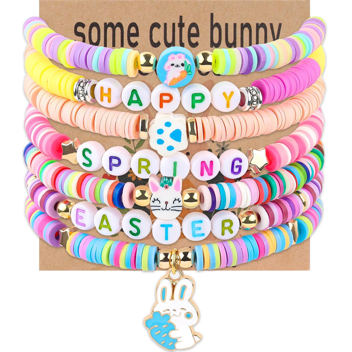 XMITHJLS Easter Bunny bracelets set of seven with vibrant clay beads for colorful styling.