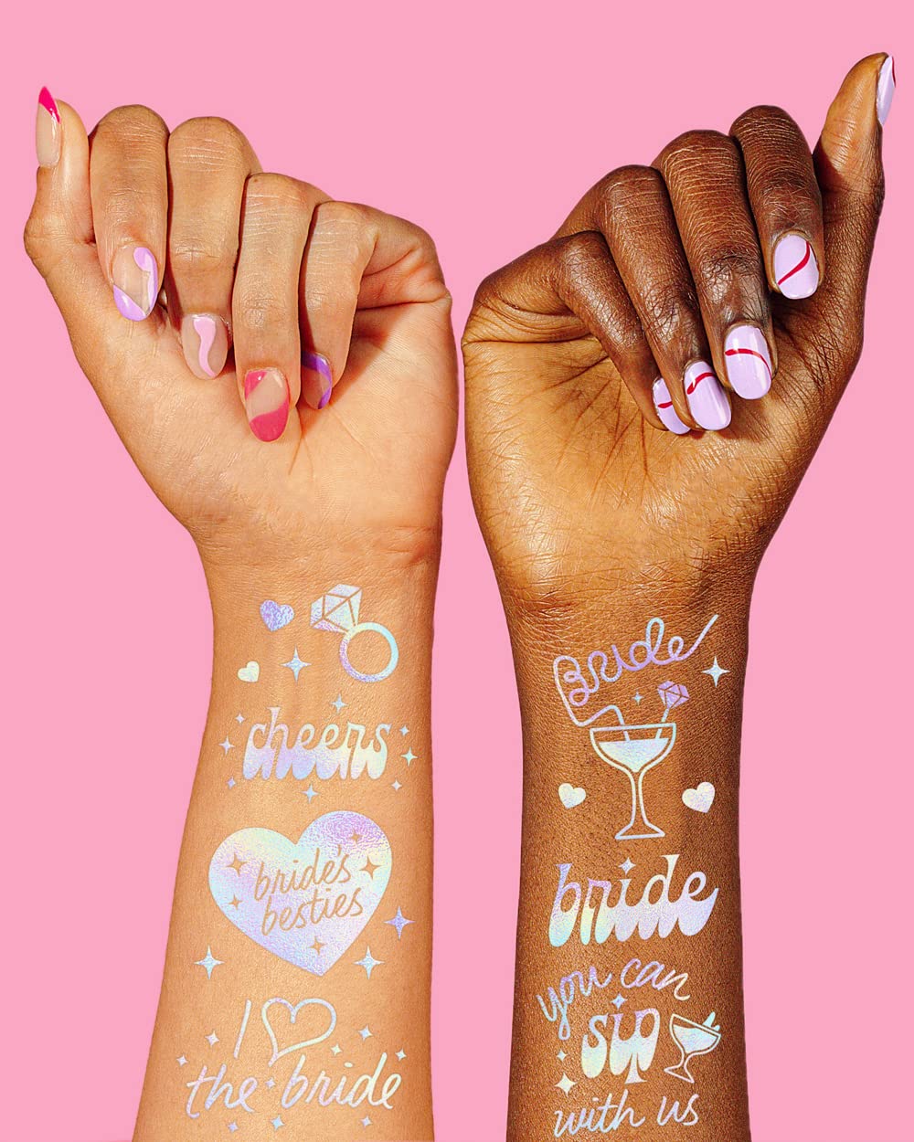 xo Fetti Cheers Bachelorette tattoos with the Cheers script and sparkles for playful party vibes.
