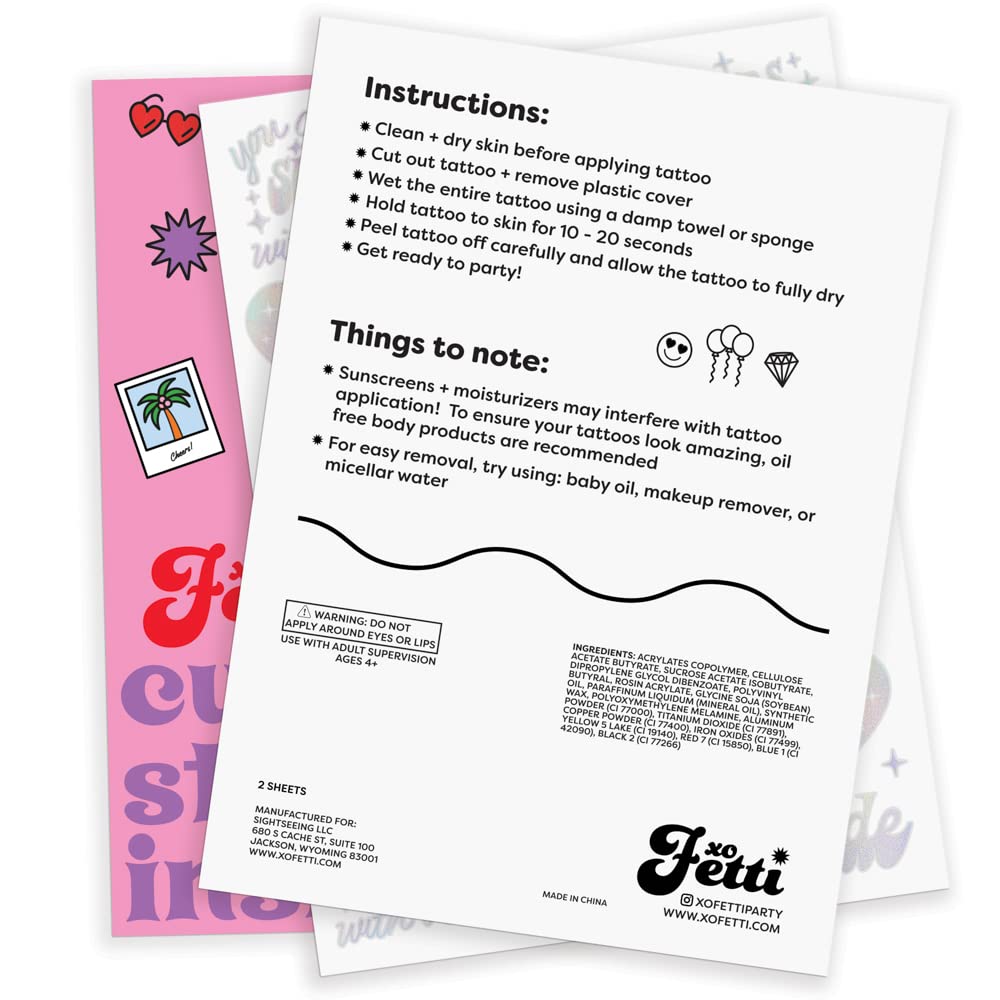 xo Fetti Cheers Bachelorette tattoos in iridescent foil for lasting party accents.
