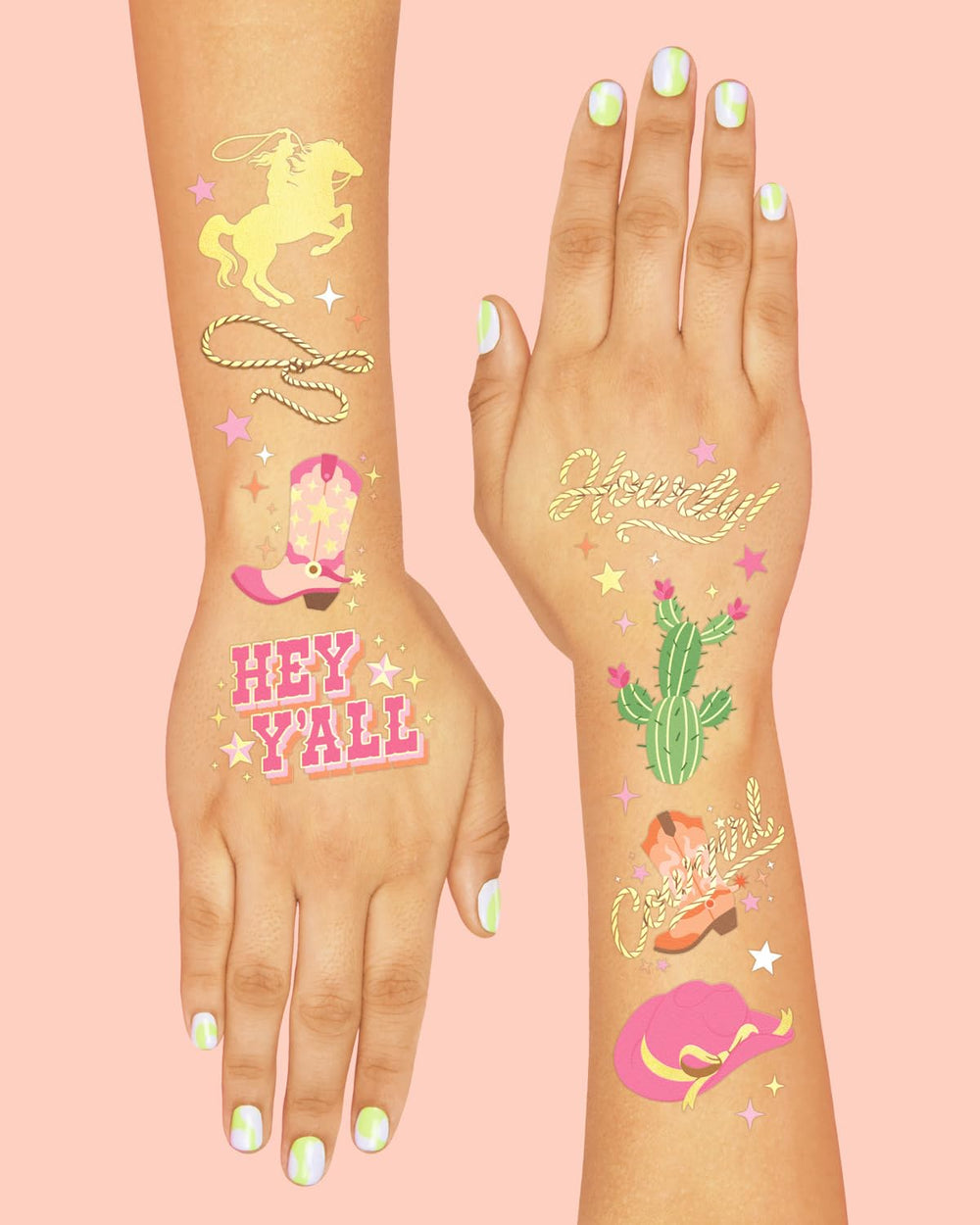 xo Fetti cowgirl tattoos design cactus enhances desert-themed party decor