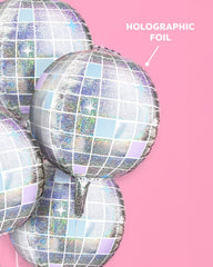 xo, Fetti disco ball foil balloons with luxe finish catch light beautifully for photos.