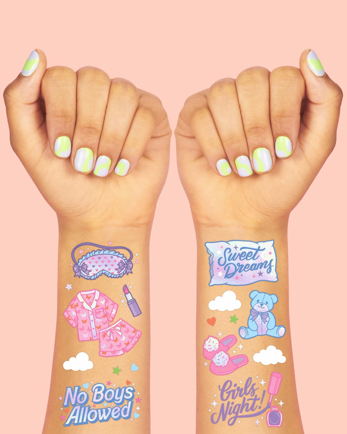 xo Fetti pink sleepover tattoos: popcorn design for movie-night vibes.
