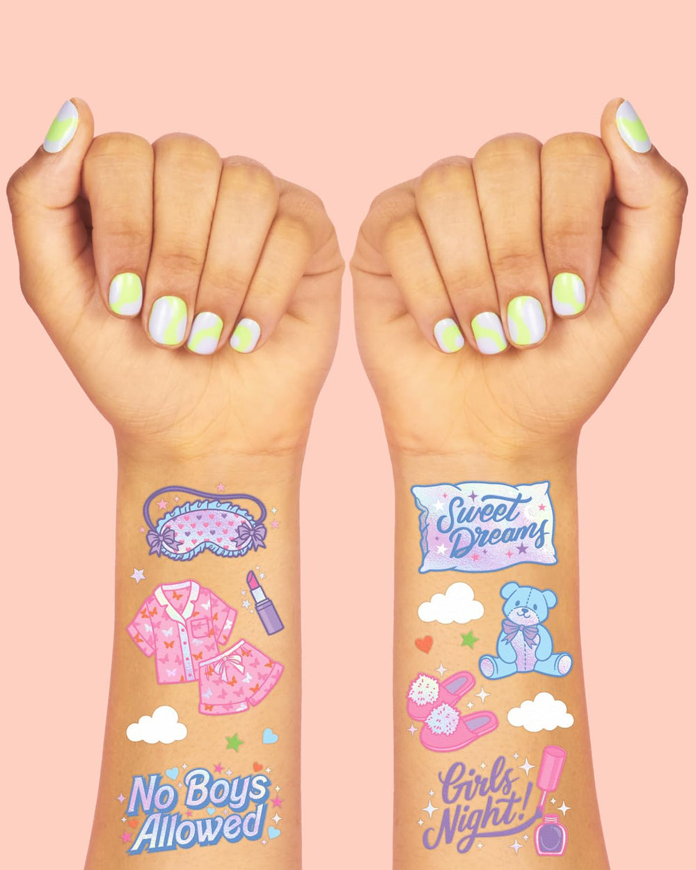 xo Fetti pink sleepover tattoos: popcorn design for movie-night vibes.