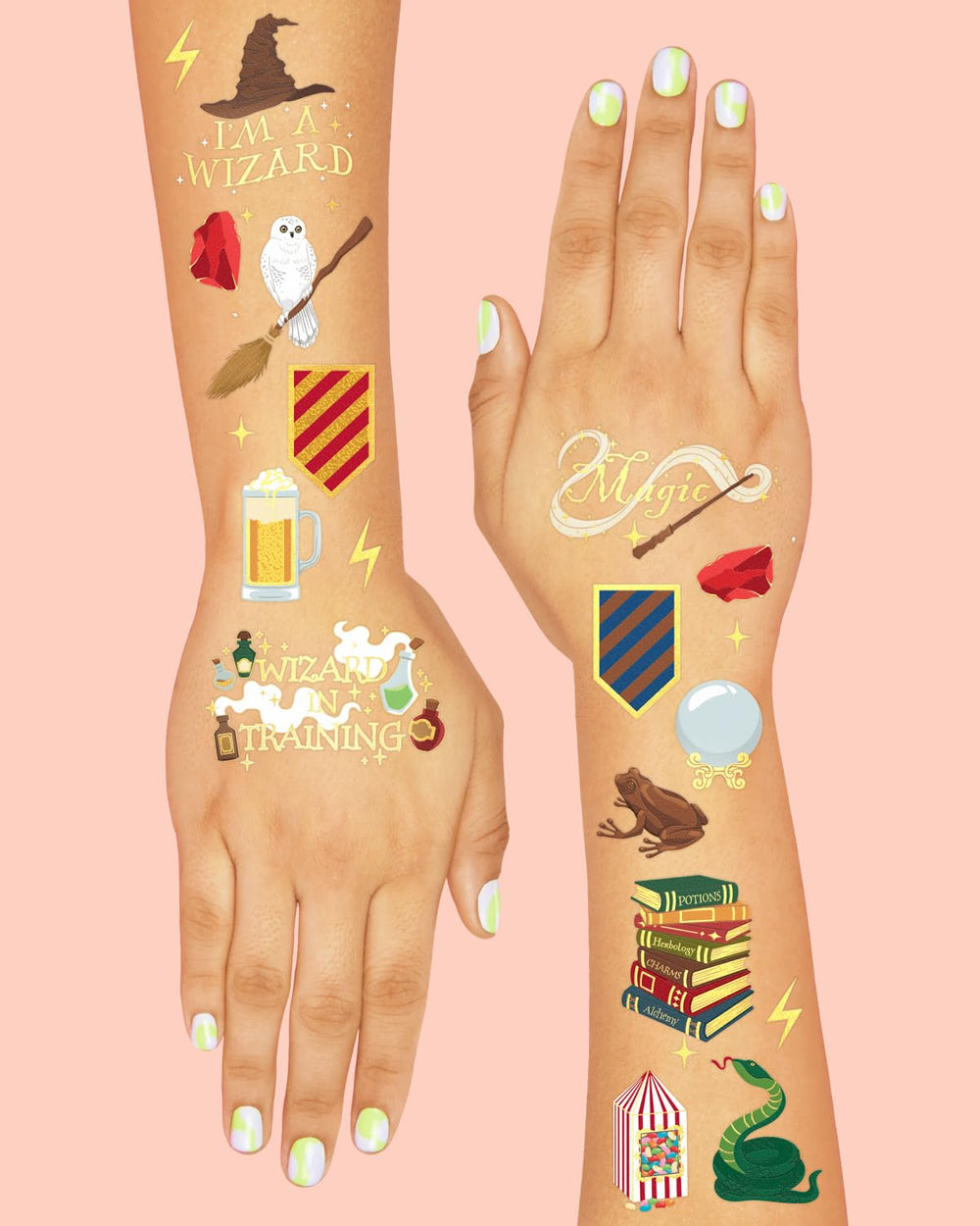 xo, Fetti Wizard Party tattoos highlighting owls for enchanted vibe