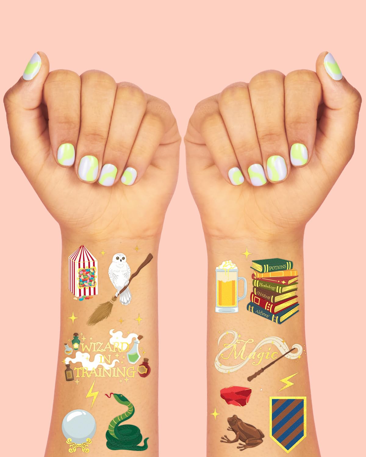 xo, Fetti Wizard Party tattoos showing potions for whimsical use