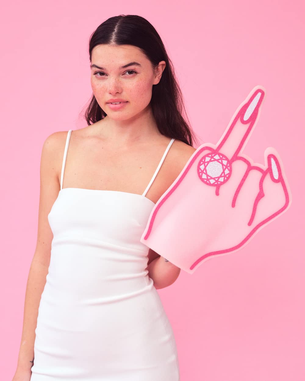 xo Fetti XL engaged foam finger worn by bride-to-be.
