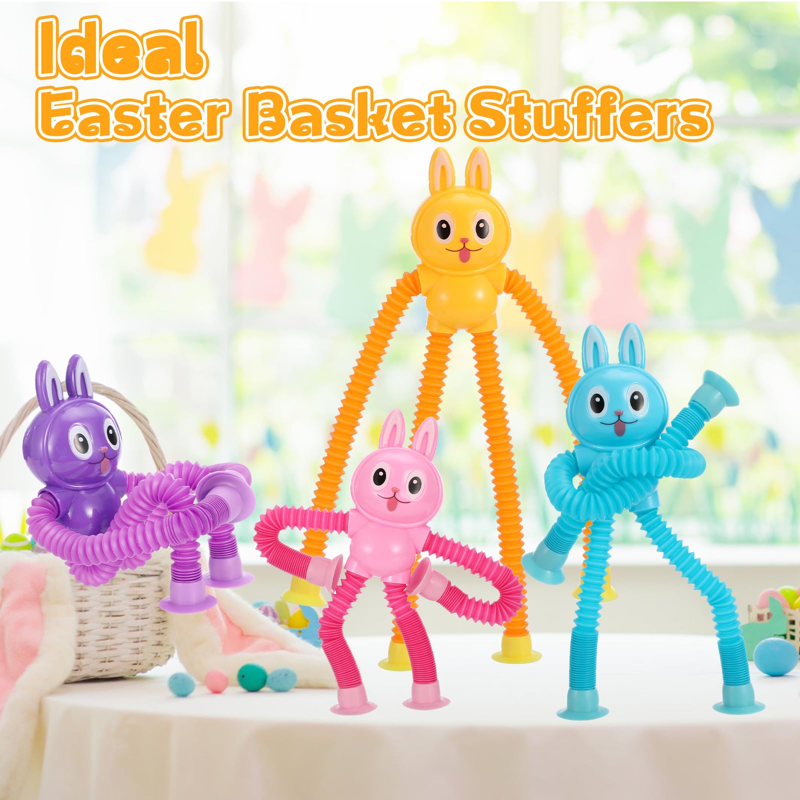 XONTEUS yellow pop tubes bunny offers bright tactile feedback and portability for travel.