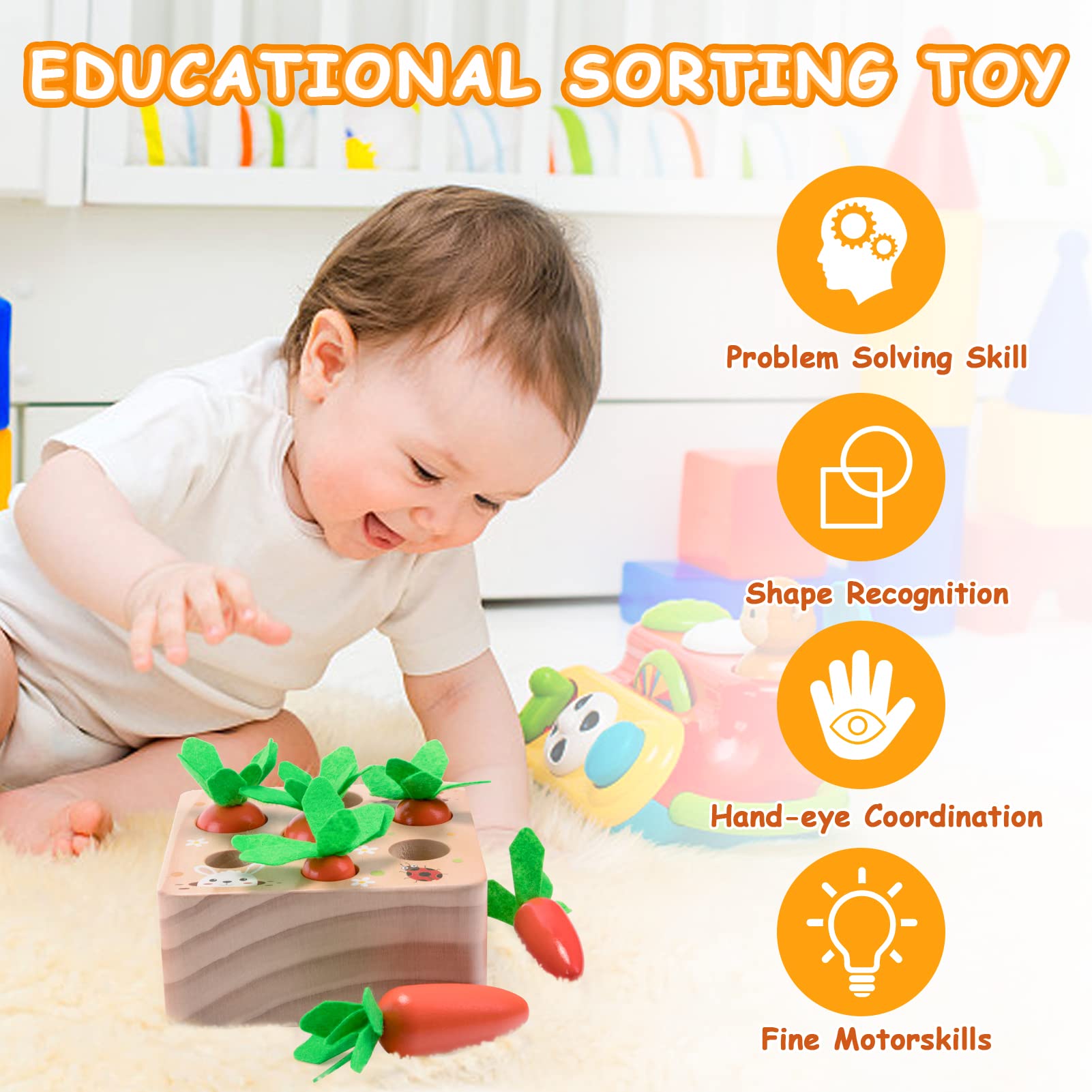 XPIY Montessori Carrots Harvest toy, close-up, smooth wood and non-toxic finish for safe play.