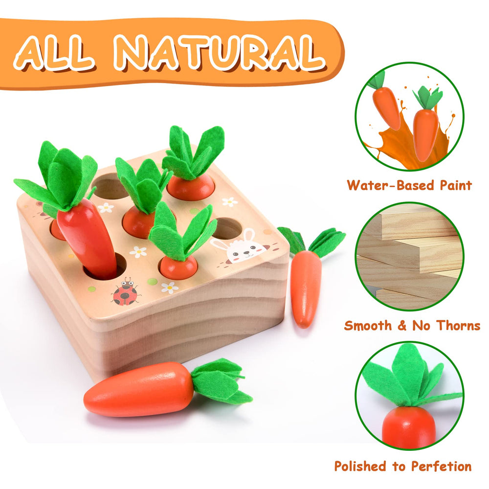 XPIY Montessori Carrots Harvest toy, wooden surface close, durable and baby-friendly for everyday play.