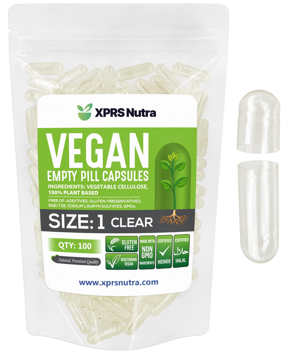 XPRS Nutra Size 1 empty capsules with a clear shell for precise filling.