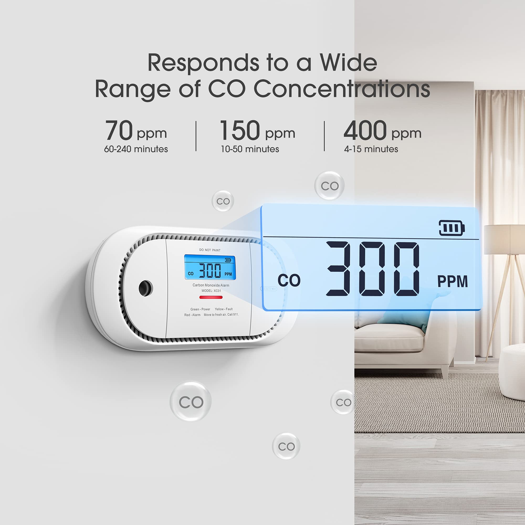 X-Sense XC01-R LCD displays real-time CO levels and historic peaks