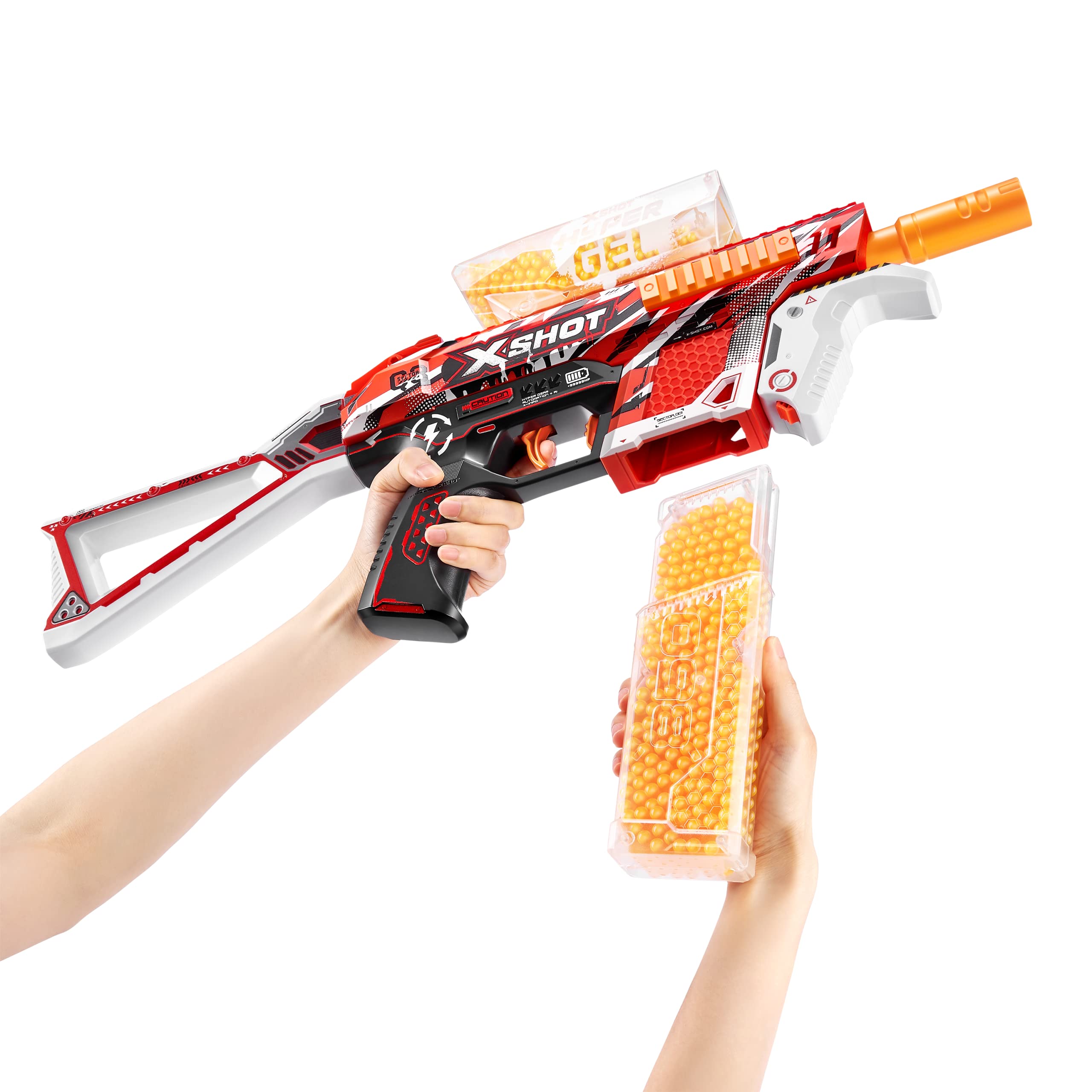 XSHOT Hyper Gel Trace Fire magazine ready with 850 pellets for quick reloads.
