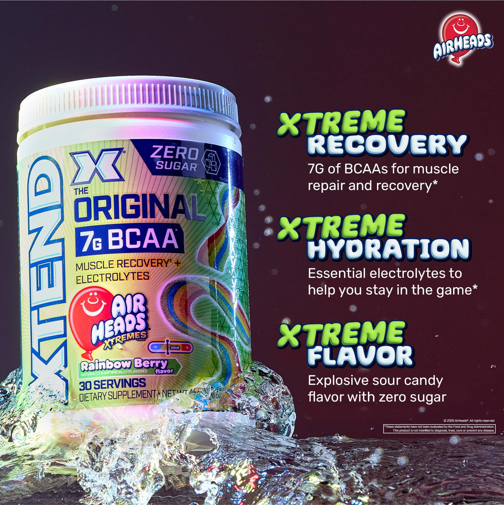 Xtend BCAAs mixing glass with powder mix for refreshing hydration.