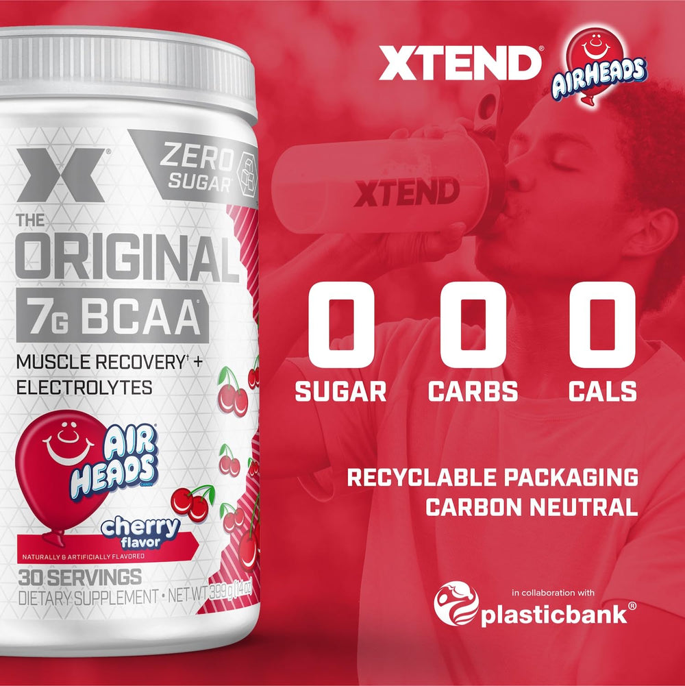 Xtend Cherry Airheads flavor powder pouring into shaker.