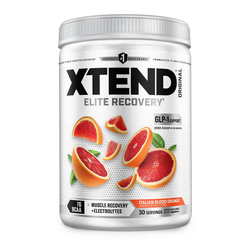 Xtend Original BCaa Powder bottle in Italian Blood Orange flavor for post-workout recovery.
