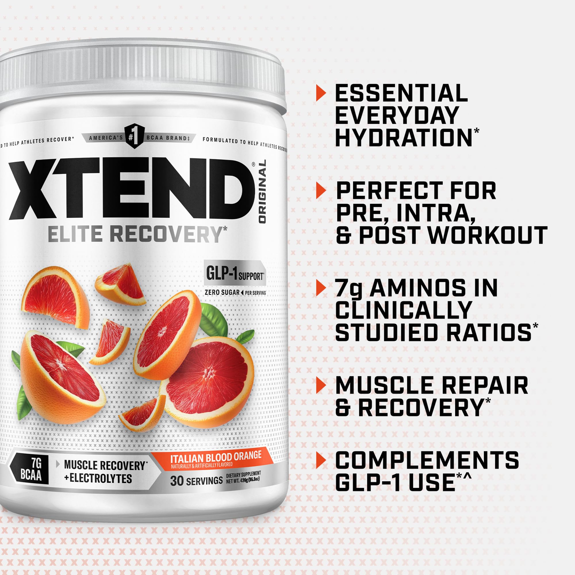 Nutrition label shows 7g BCAAs and 2.5g L-Glutamine per serving.
