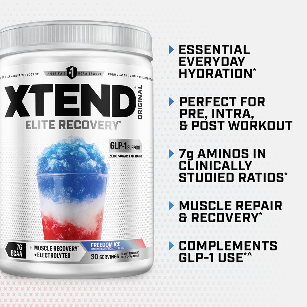 Xtend Original BCAA Powder label highlights a sugar-free formula.