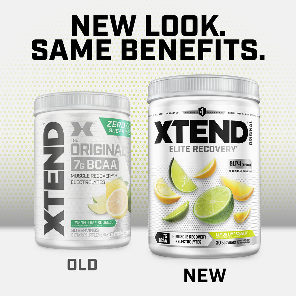 Xtend Original BCAA Powder lemon-lime glass evokes refreshing, sugar-free hydration.