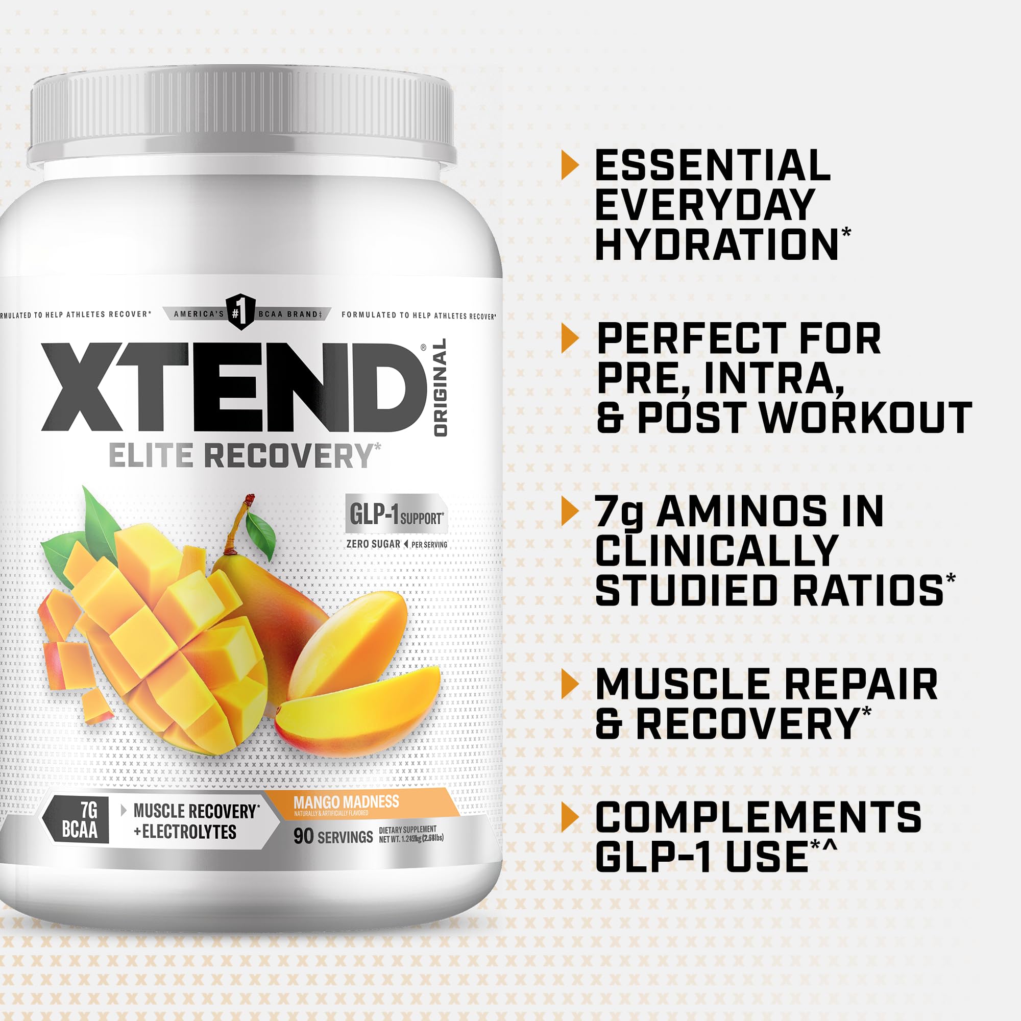 Glass of Xtend Mango Madness post-workout with a bright flavor.