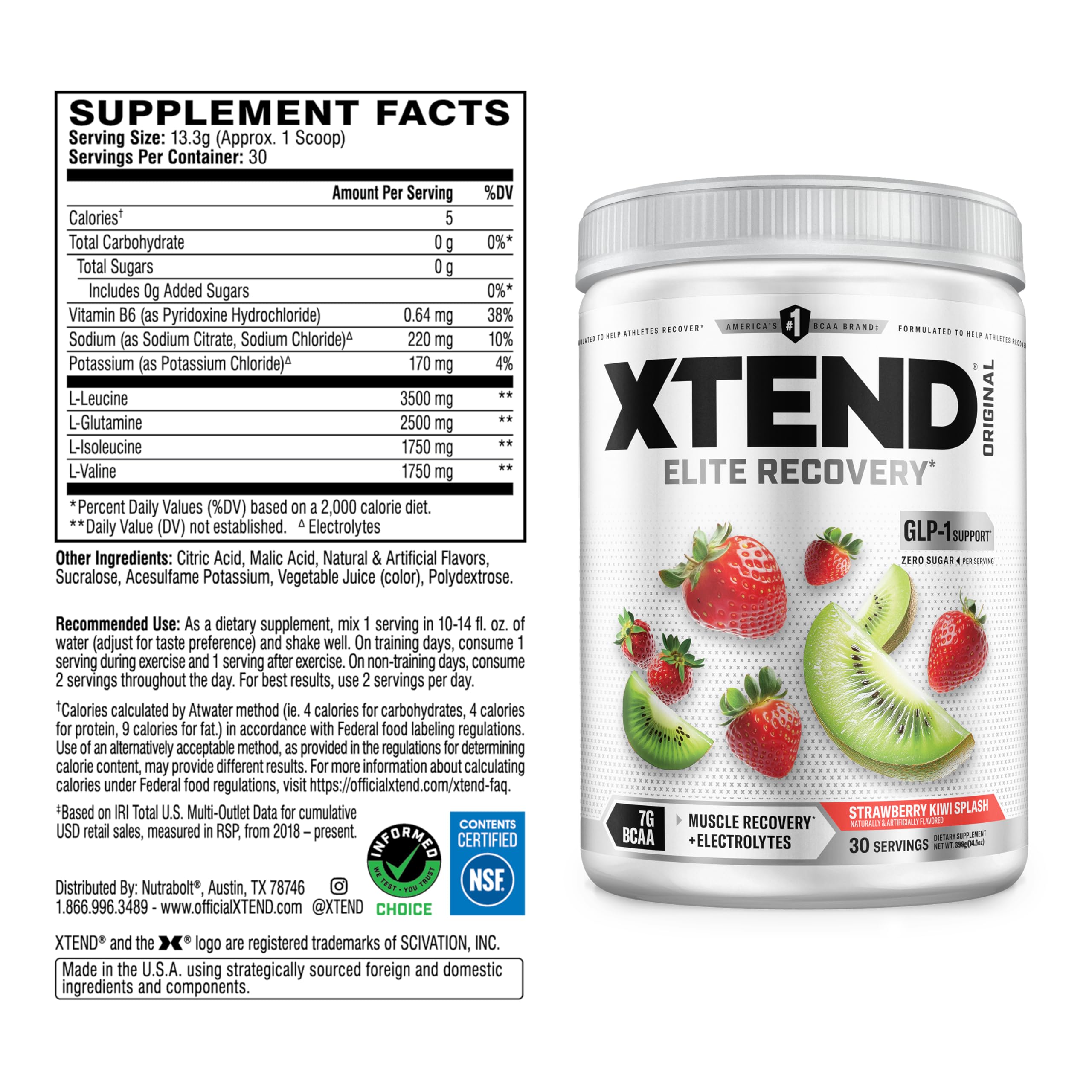 Xtend Original BCAA powder scoop emphasizes quick mix for during-workout hydration.