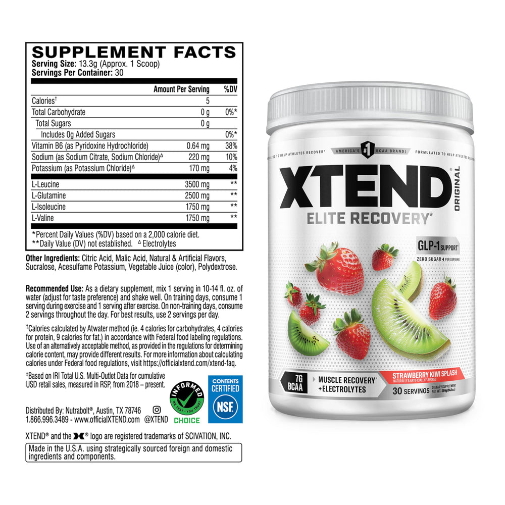 Xtend Original BCAA powder scoop emphasizes quick mix for during-workout hydration.