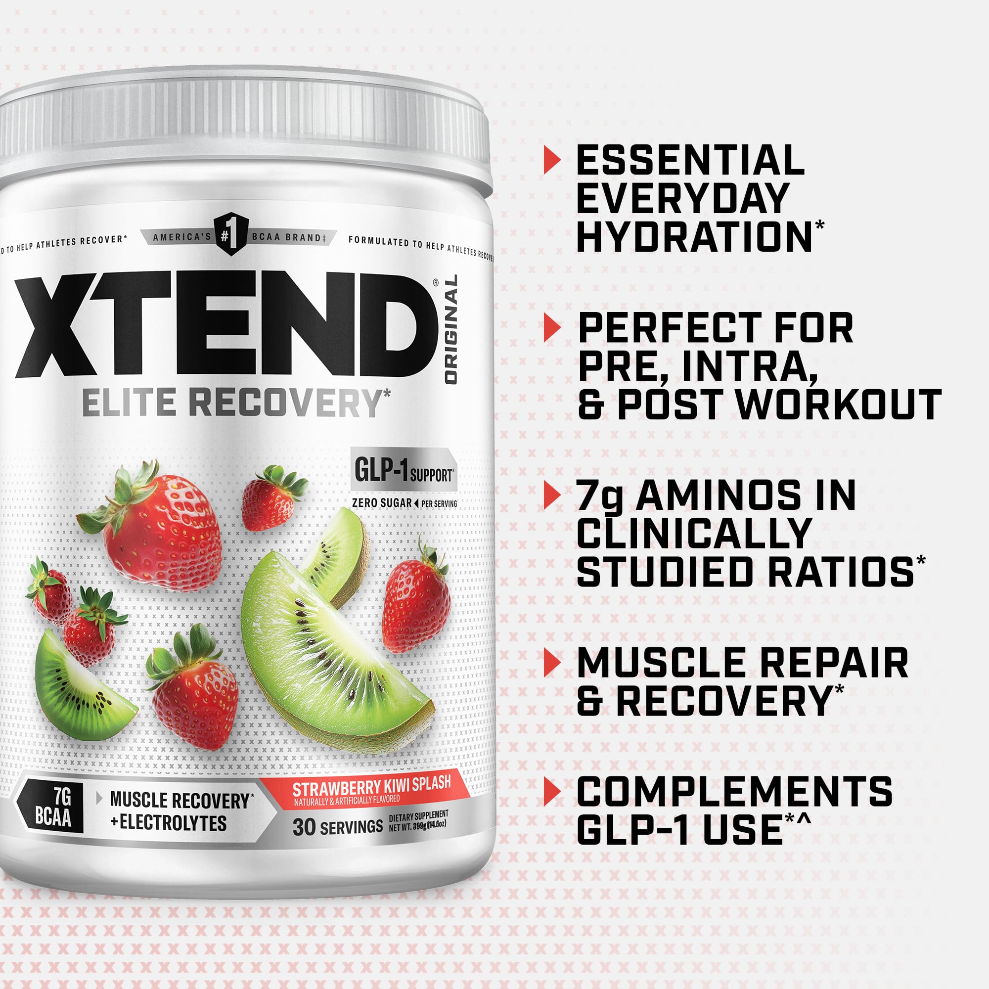 Xtend Original BCAA powder strawberry-kiwi-splash image suggests a flavorful recovery option.