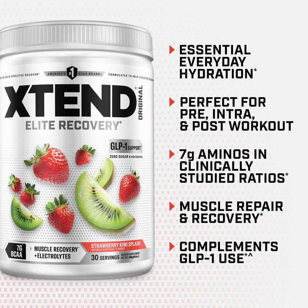 Xtend Original BCAA powder strawberry-kiwi-splash image suggests a flavorful recovery option.