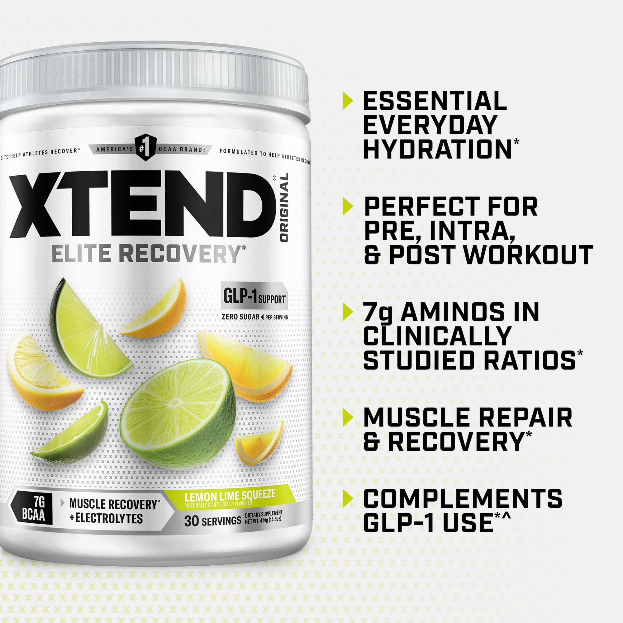 Xtend Original BCAA Powder tub close-up showing packaging and label.