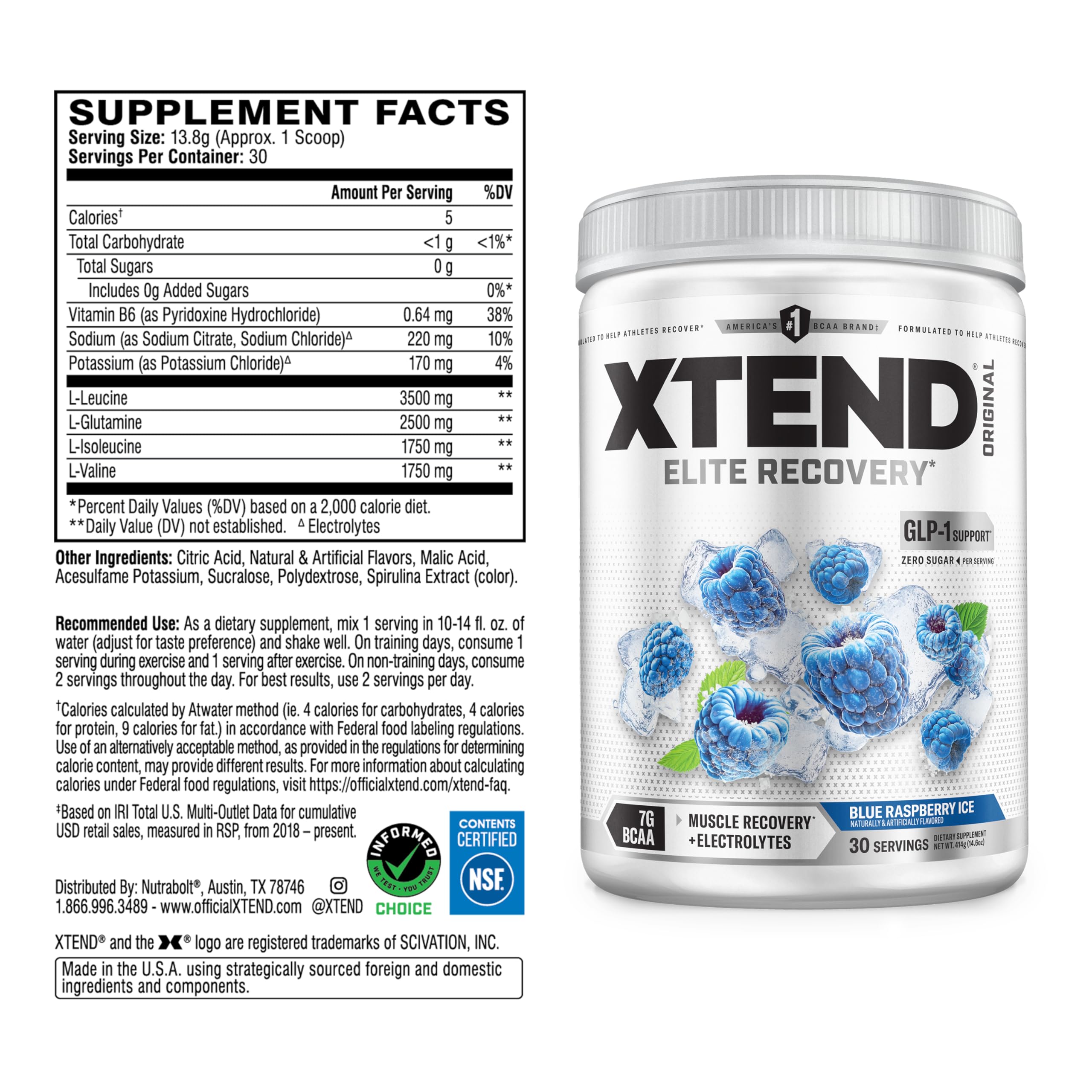 Xtend Original BCAA powder scoop dissolving in water for quick recovery.
