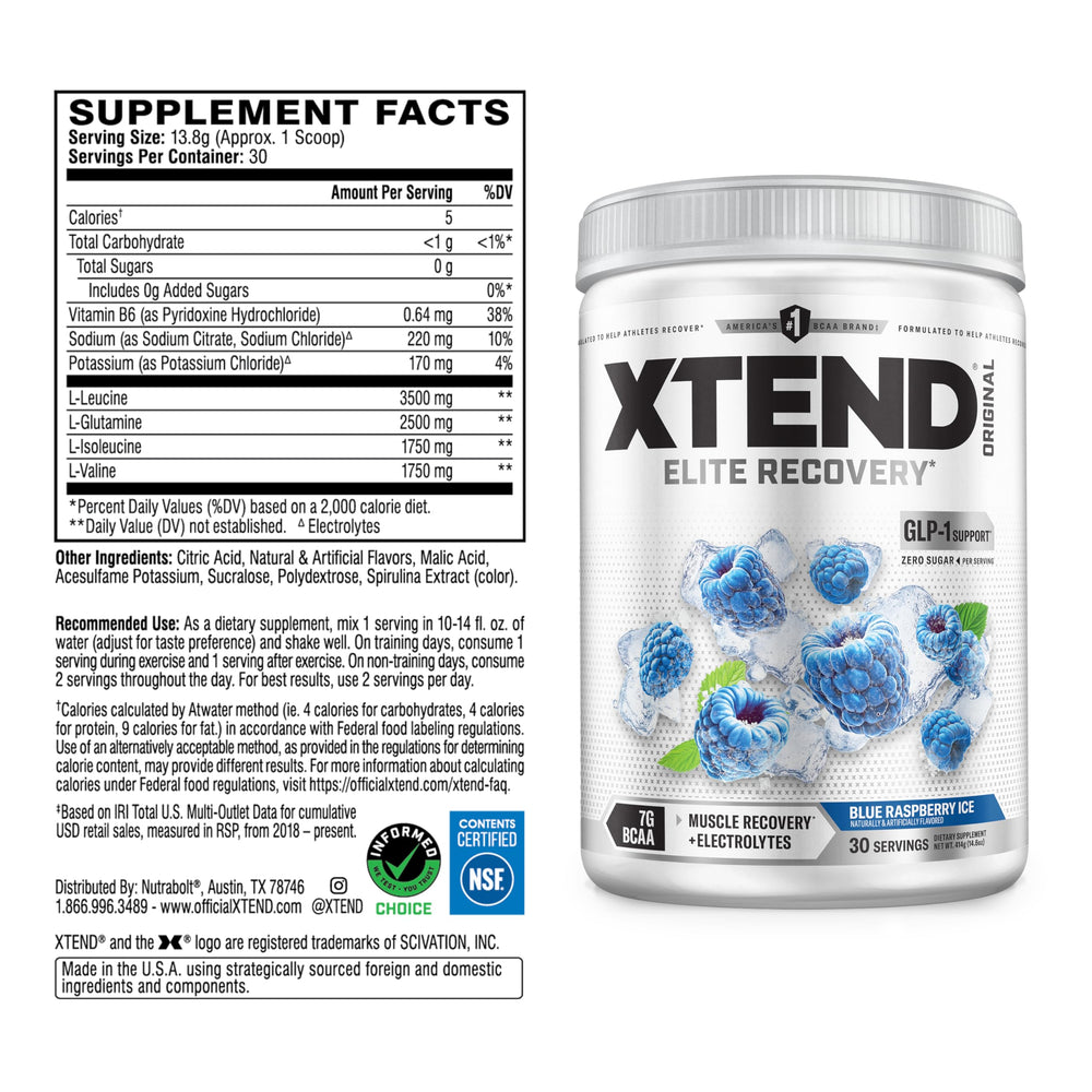 Xtend Original BCAA powder scoop dissolving in water for quick recovery.