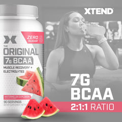 Xtend Watermelon Explosion powder dissolving in water for smooth mix and pre/post-workout hydration.