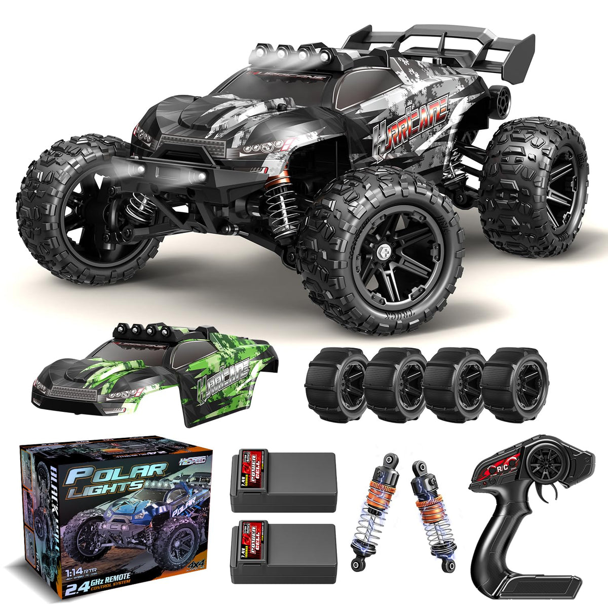 X-TMAGA 1:14-scale RC car front view for rugged outdoor use.