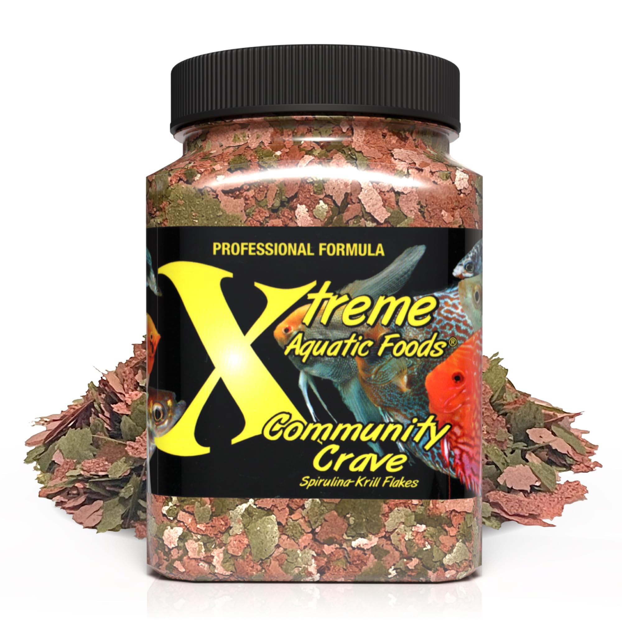 Xtreme Aquatic Foods Community Crave Flake jar with krill-spirulina blend for balanced nutrition.