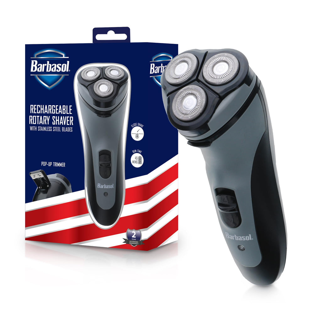 XTREME Barbasol Rotary Shaver delivers a close shave with stainless steel blades.