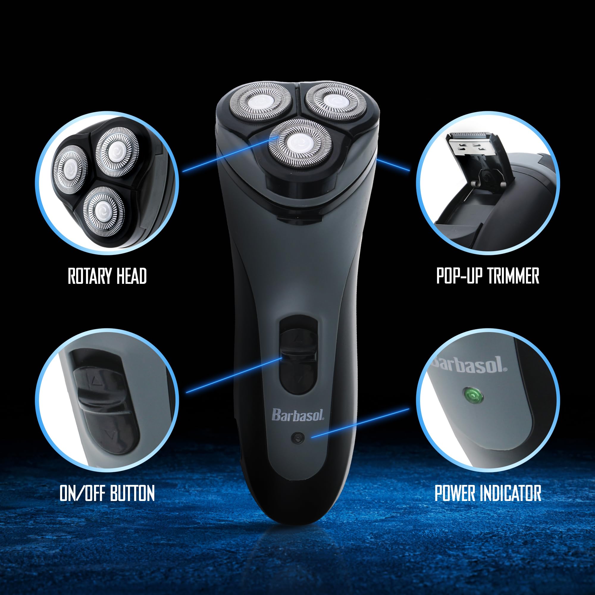 XTREME Barbasol Rotary Shaver shown in cordless mode for on the go grooming.