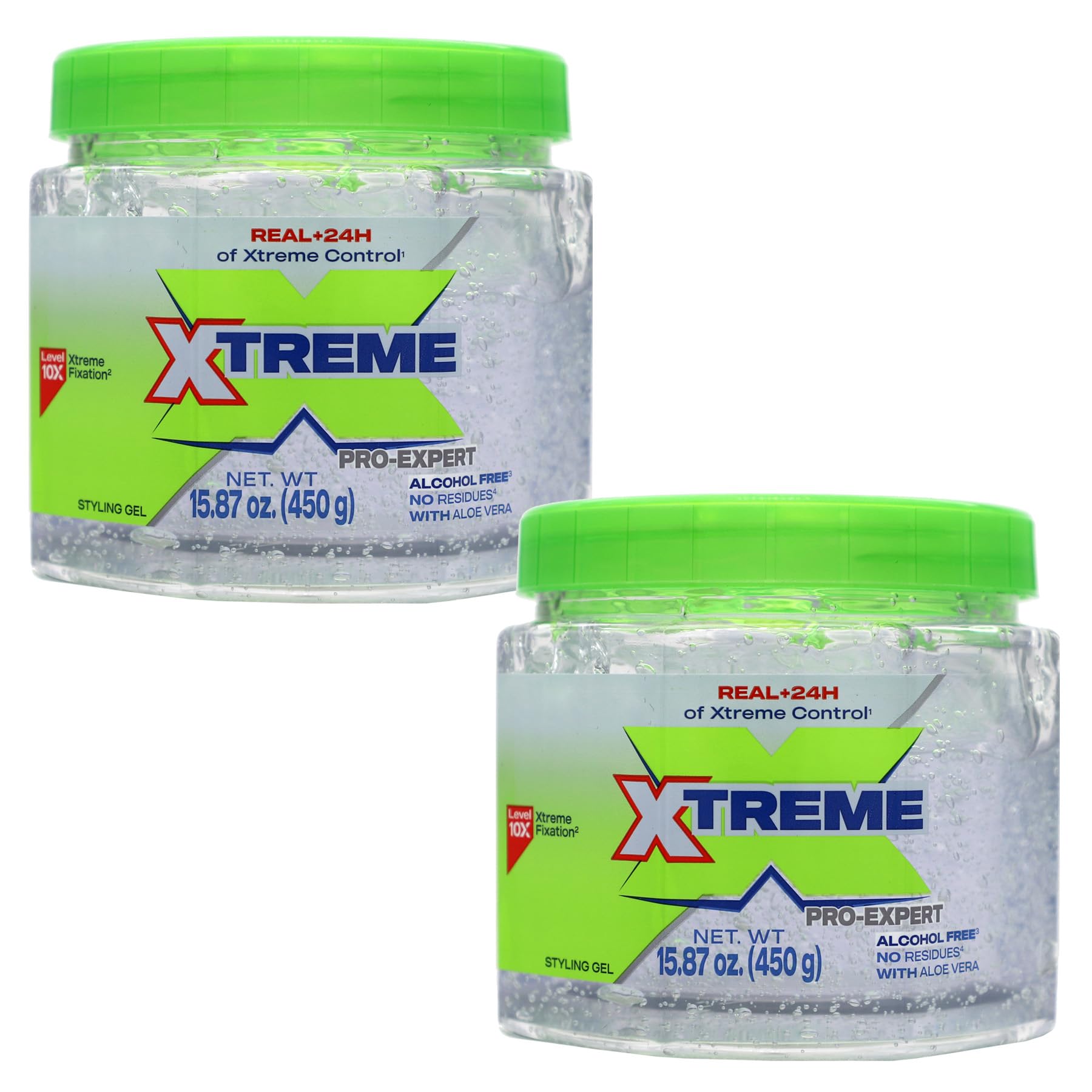 Xtreme Pro-Expert clear styling gel jar showing all-day hold in action.