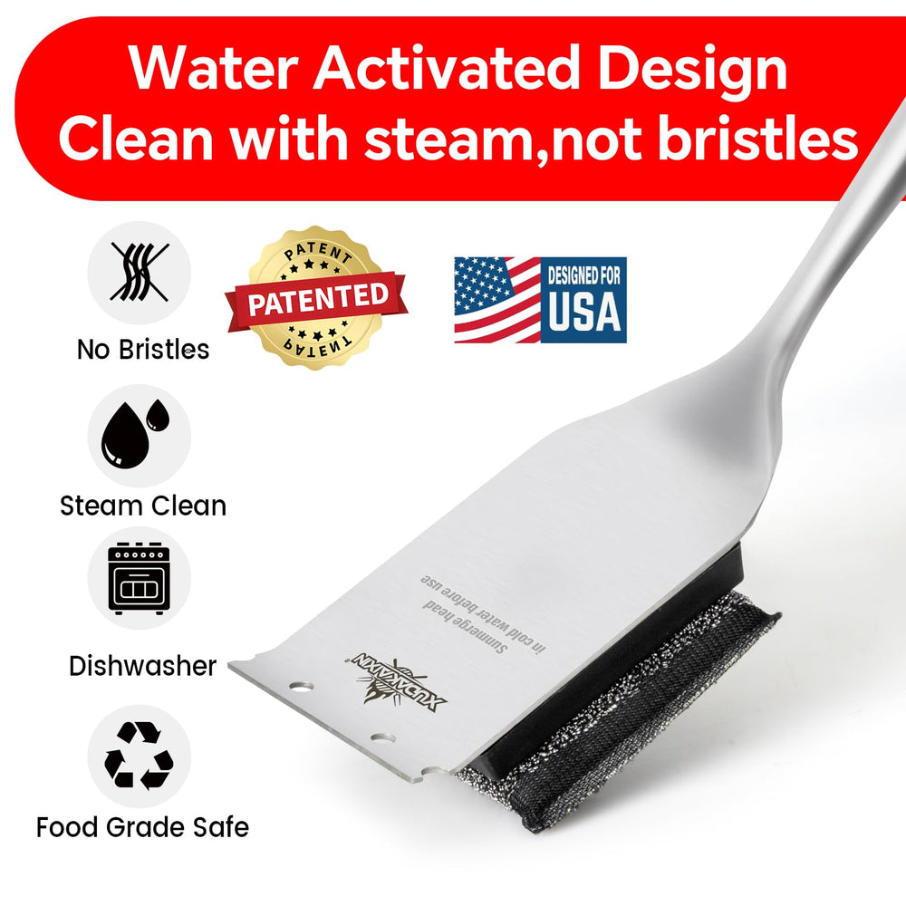 XUDAKAIXIN long-handle steam brush keeps hands away from hot grates.