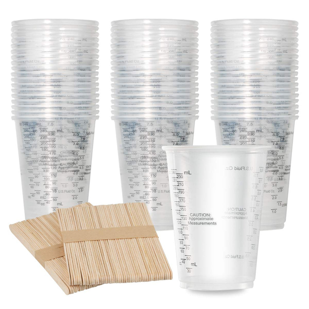 XUXU 100pcs 8oz clear measuring cups shown from the front for precise mixing.