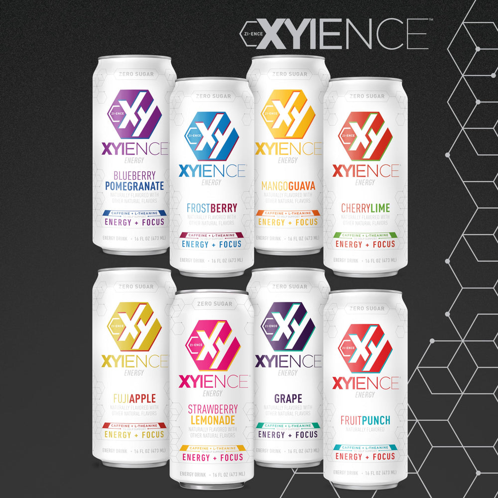 XYIENCE Blueberry Pomegranate glass with drink ready for a workout or study session.