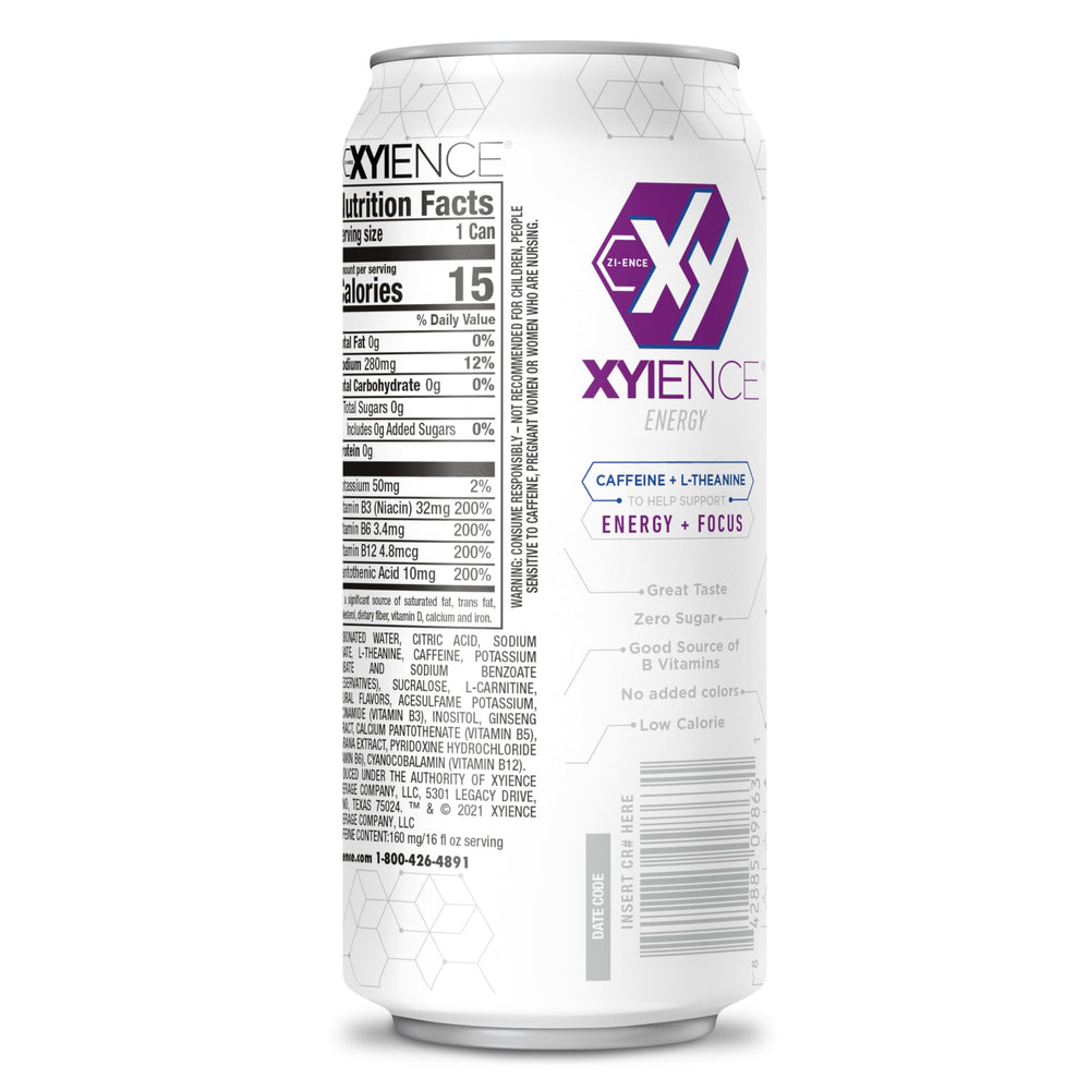 XYIENCE Blueberry Pomegranate hero shot conveys vibrant flavor and energy potential.