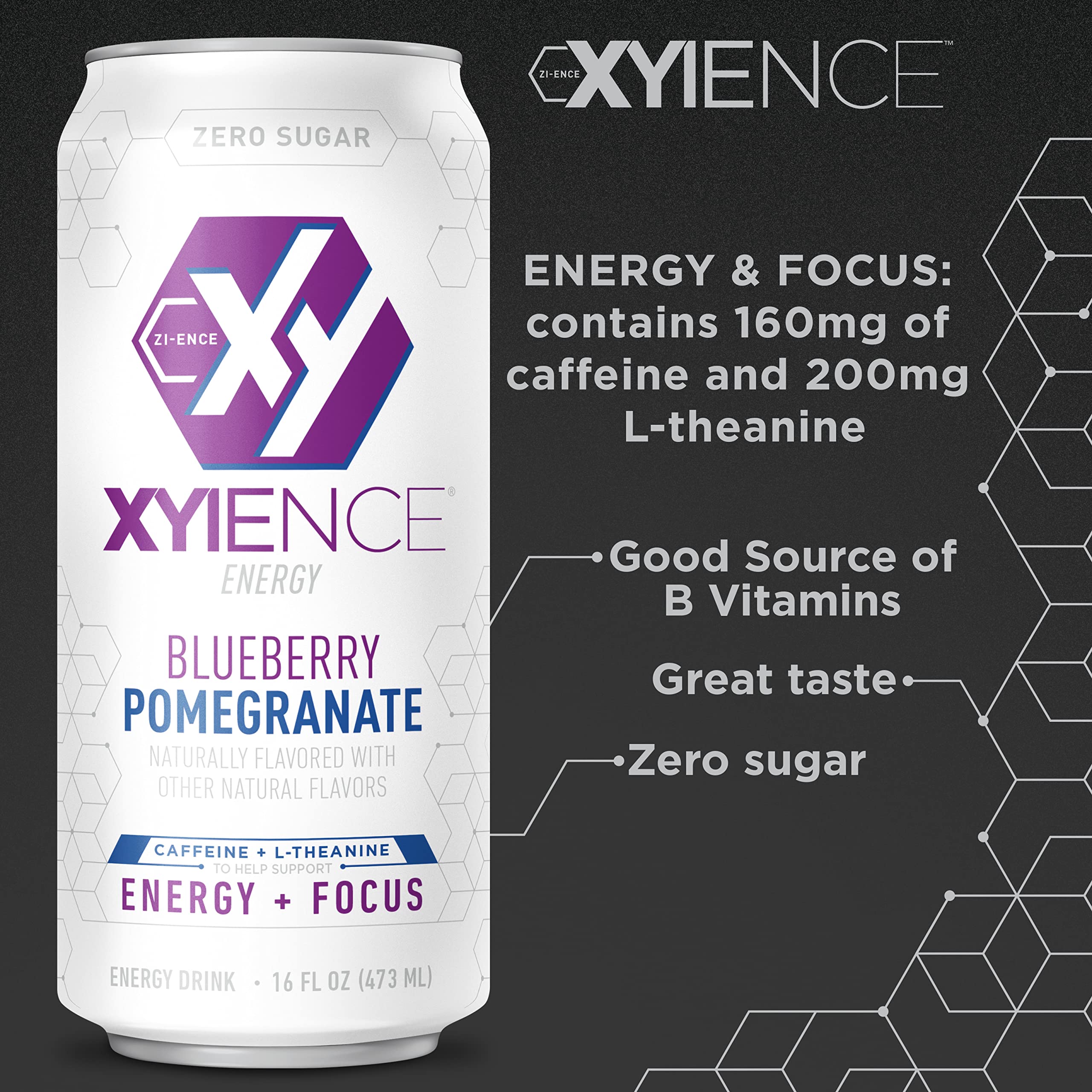 XYIENCE Blueberry Pomegranate label detail emphasizes quality and ingredient transparency.