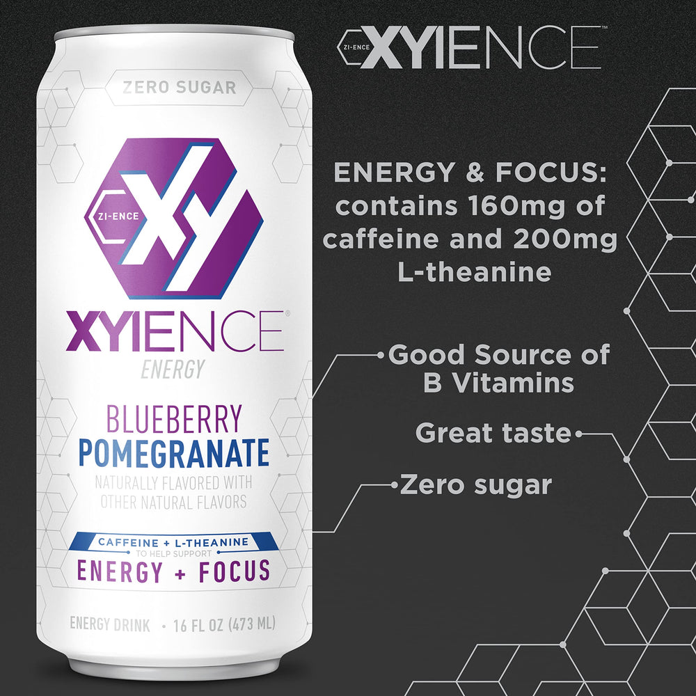 XYIENCE Blueberry Pomegranate label detail emphasizes quality and ingredient transparency.
