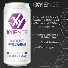 XYIENCE Blueberry Pomegranate label detail emphasizes quality and ingredient transparency.