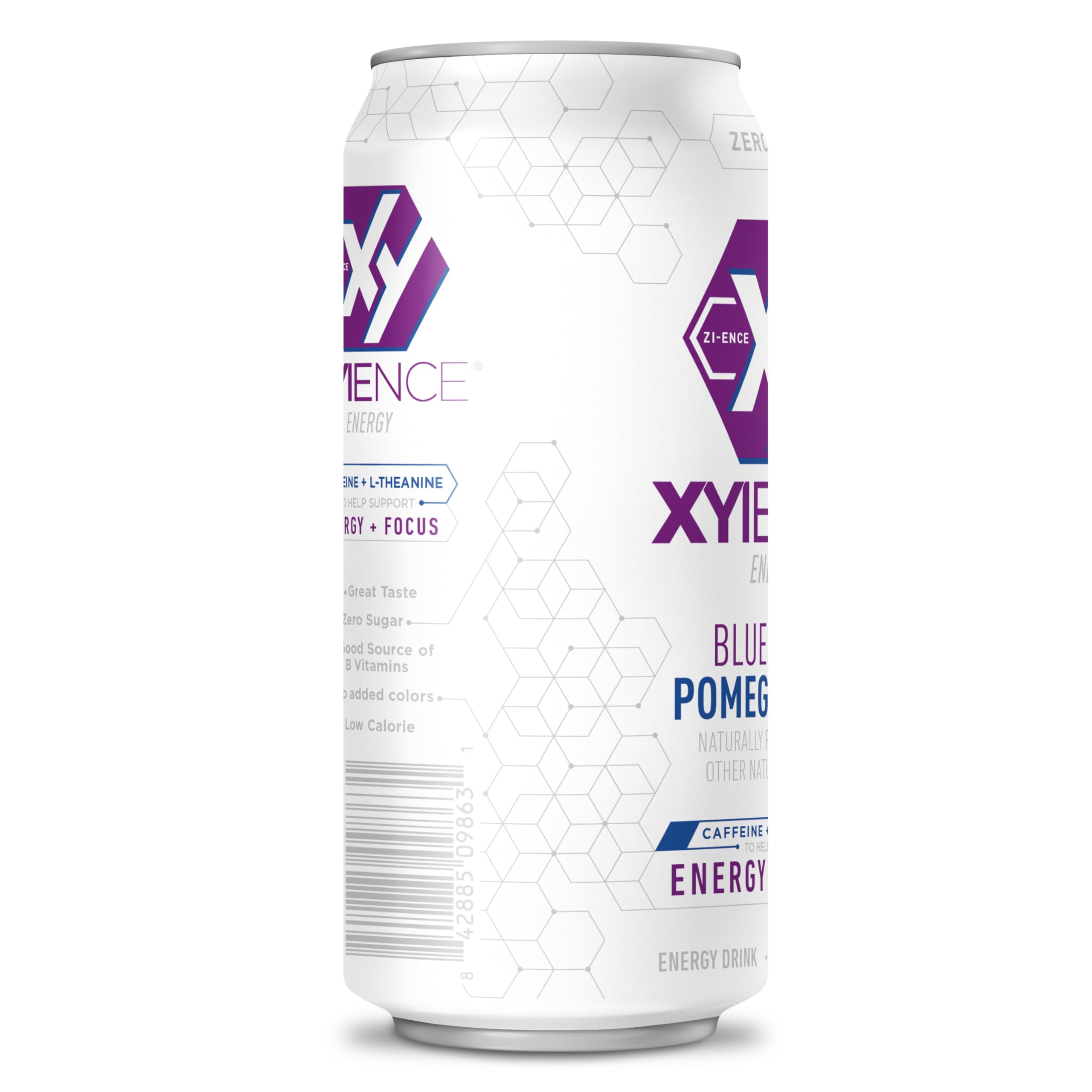 XYIENCE Blueberry Pomegranate nutrition panel highlights low calories and zero sugar claim.