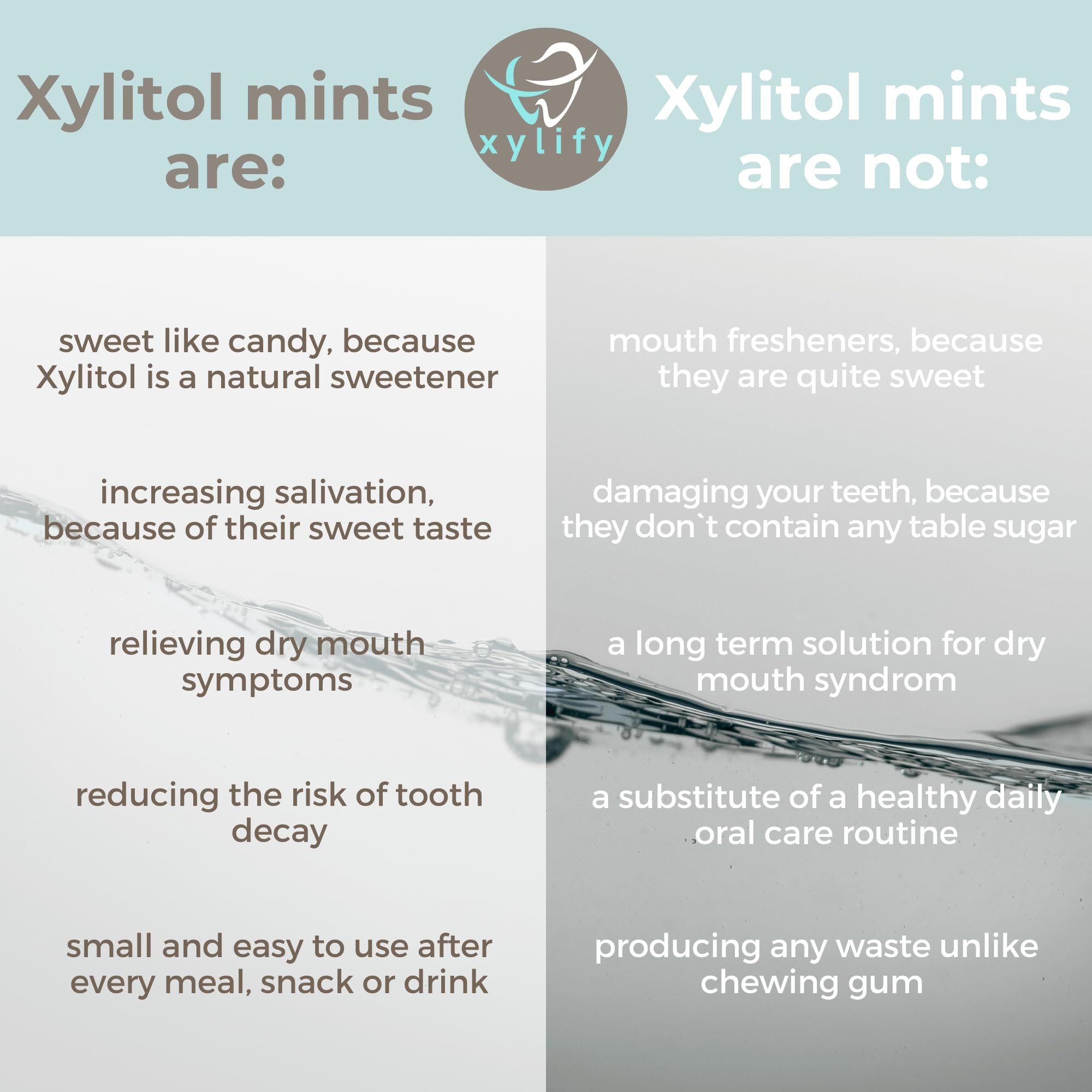 Xylify Happy Teeth mints dissolving in mouth to refresh after meals.