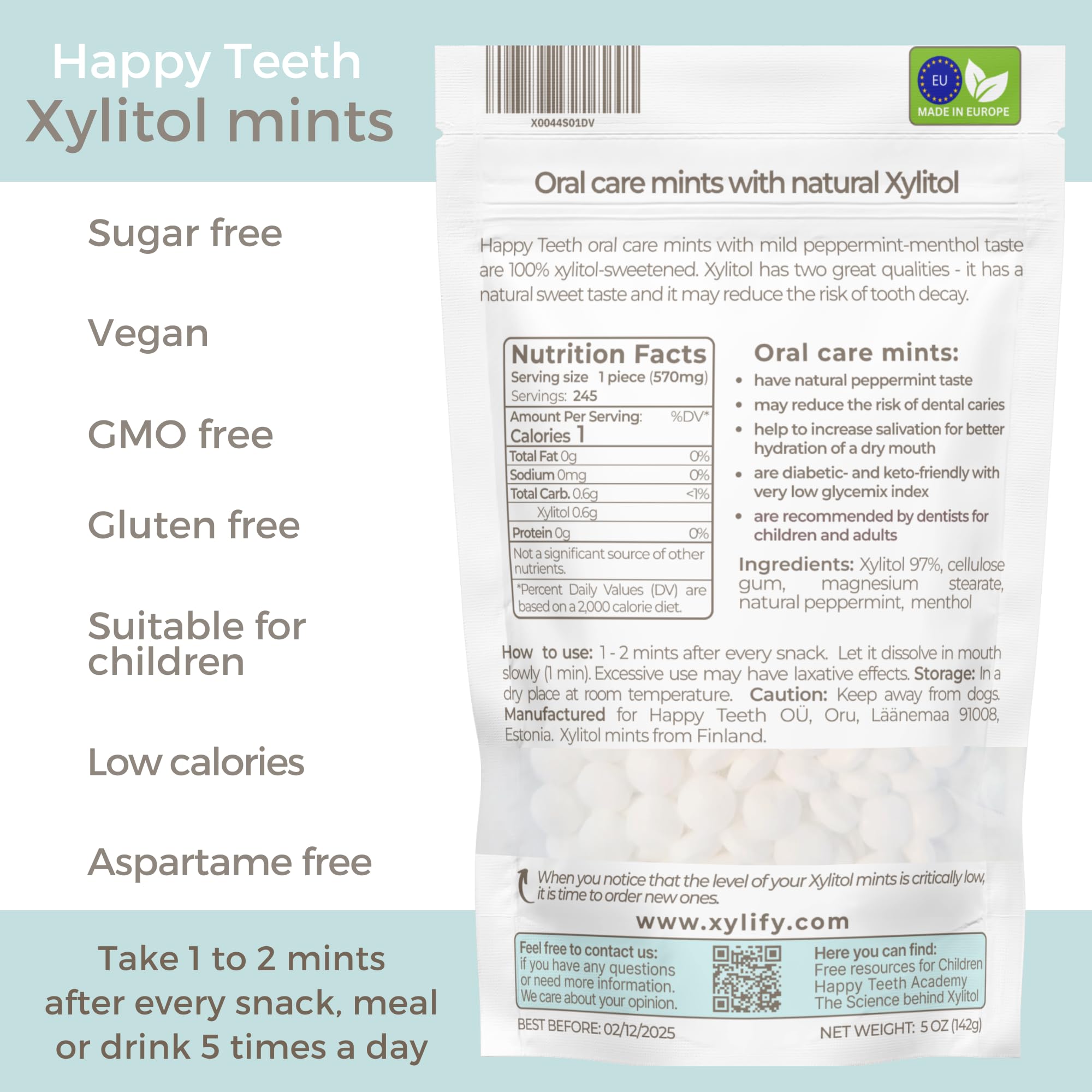 Xylify Happy Teeth mints tin closeup showing 97 percent xylitol and natural flavor.