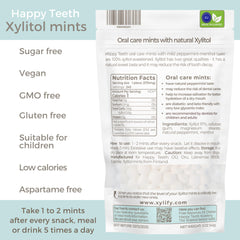 Xylify Happy Teeth mints tin closeup showing 97 percent xylitol and natural flavor.
